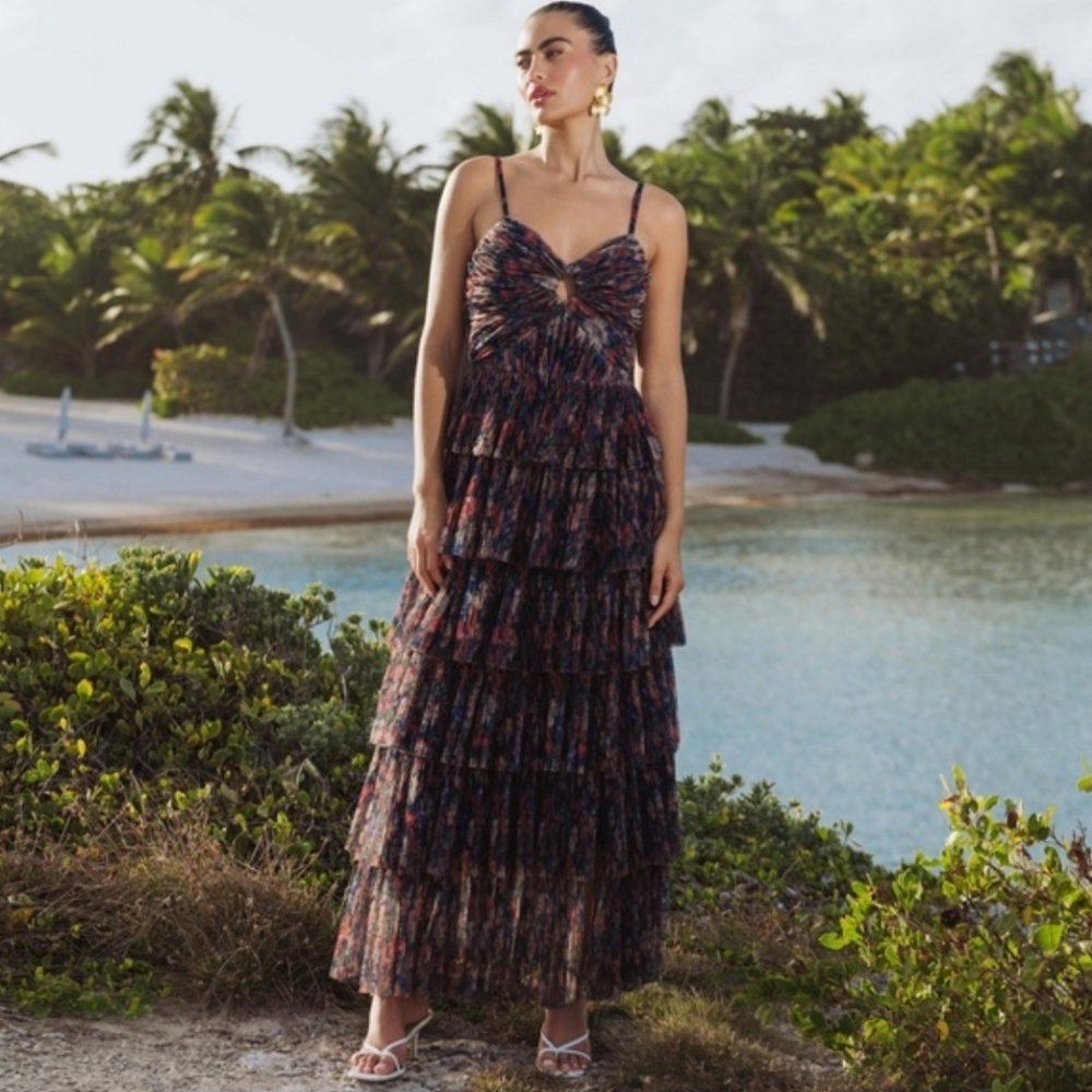 Anthropologie Tiered Maxi Dress in Black Floral Multicolor
